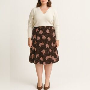 Vintage Anne Klein silk skirt. Brown wi/ lavender grape pattern, knee length. 18